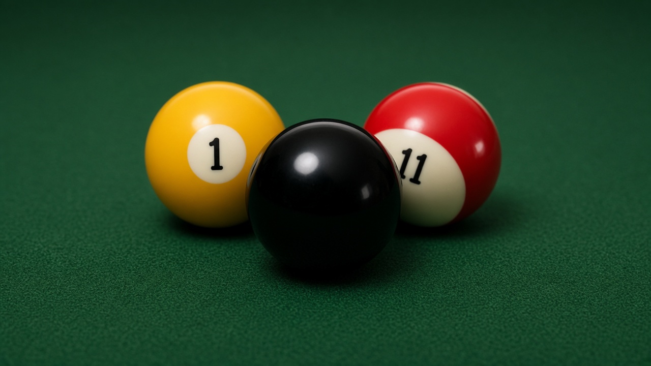 Billiard balls on green felt, the 8 ball with the 1 and 11 balls Billiard balls on green felt, the 8 ball with the 1 and 11 balls