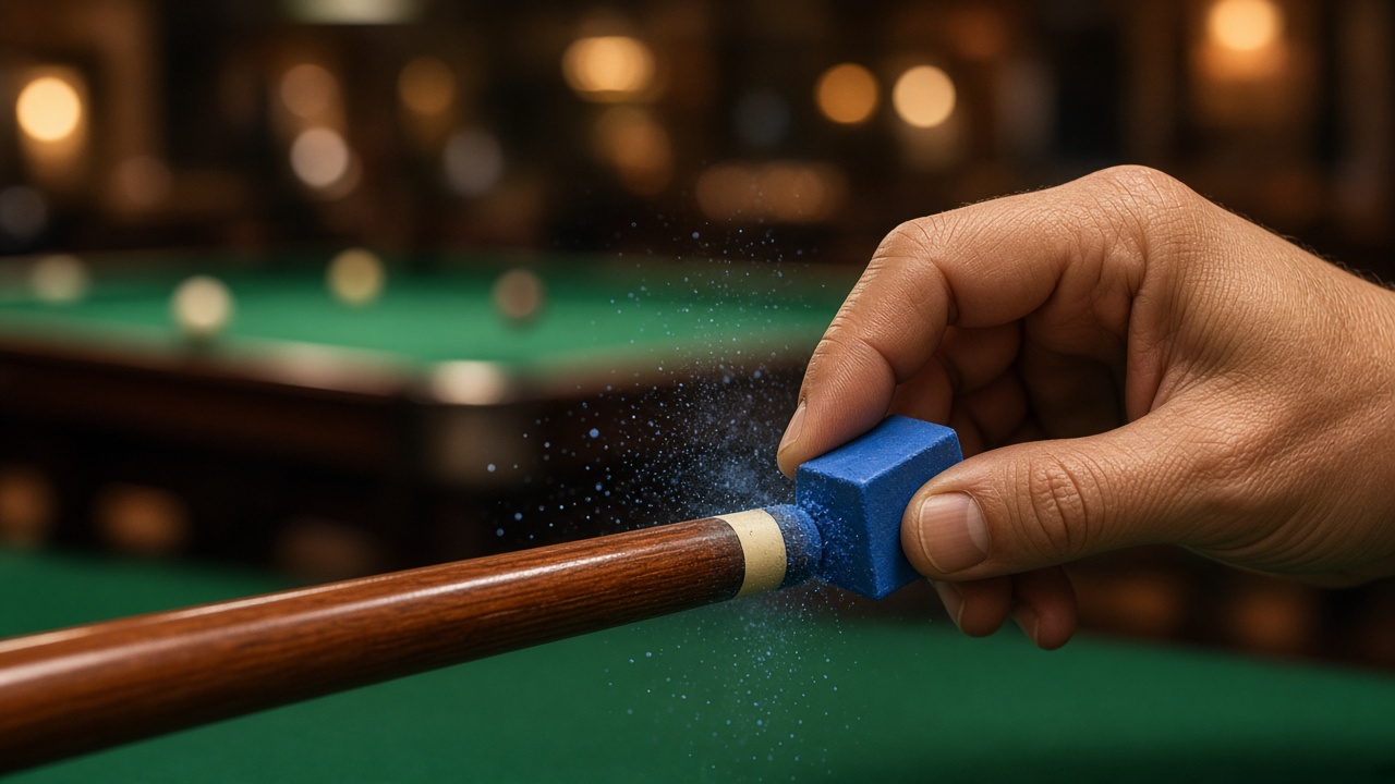 Billiard chalk being put on a pool cue tip Billiard chalk being put on a pool cue tip