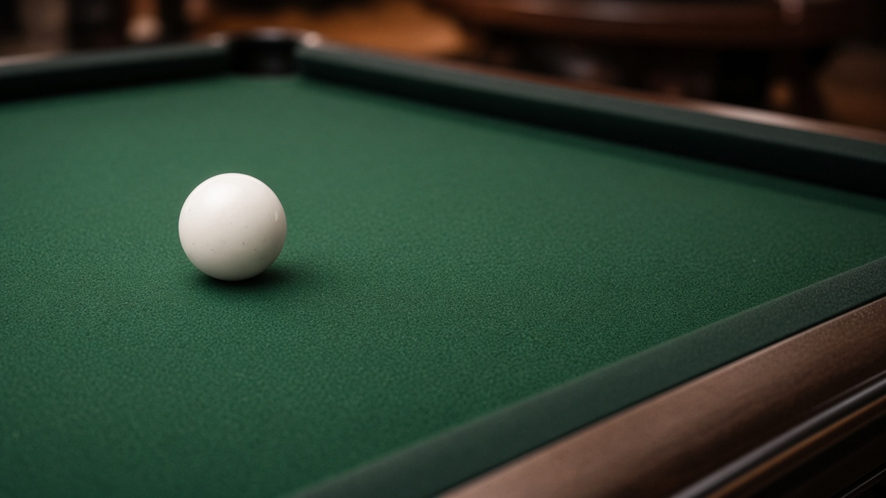 Billiards cloth close up with a white cue ball on green felt