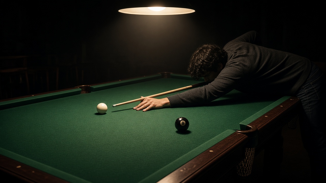 Billiards tips, a player lining up a shot on the 8 ball Billiards tips, a player lining up a shot on the 8 ball