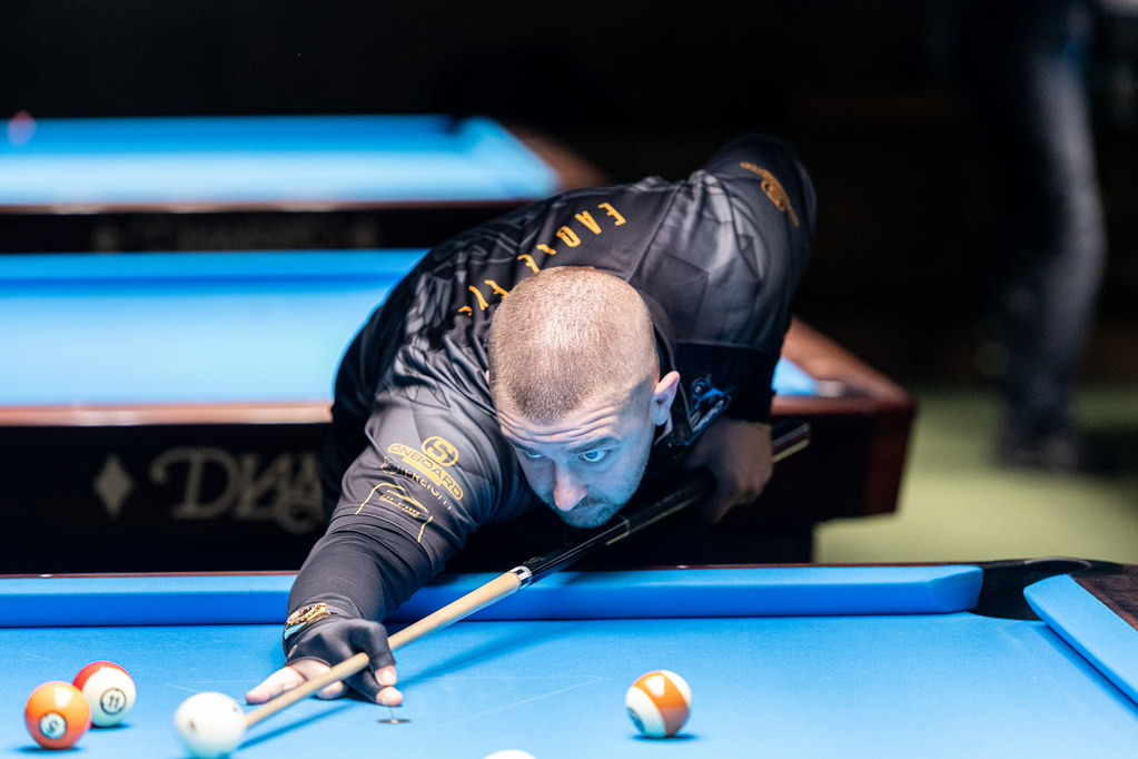 Jayson Shaw down on a shot at the pool table